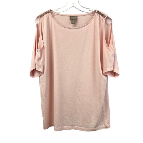 Chico’s Women’s Cold Shoulder Short Sleeve Top Embellished Shoulder Pink Large - Picture 1 of 9